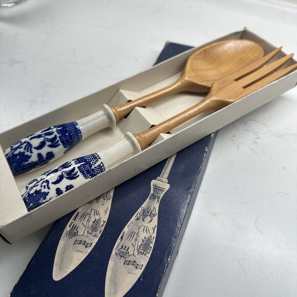 Vintage  Serving Fork/Spoon DELFT STYLE ceramic Blue White Party Host Gift - Picture 4 of 9